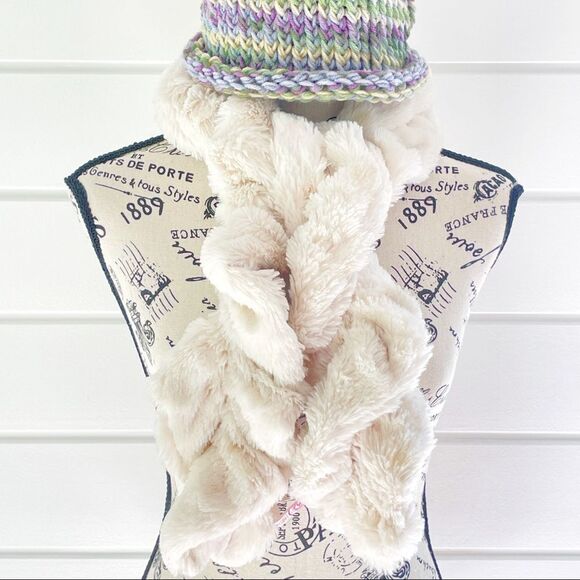 Hand Knit Pom Pom Winter Hat and Girls SO® Faux-Fur Twist Scarf - Picture 3 of 4